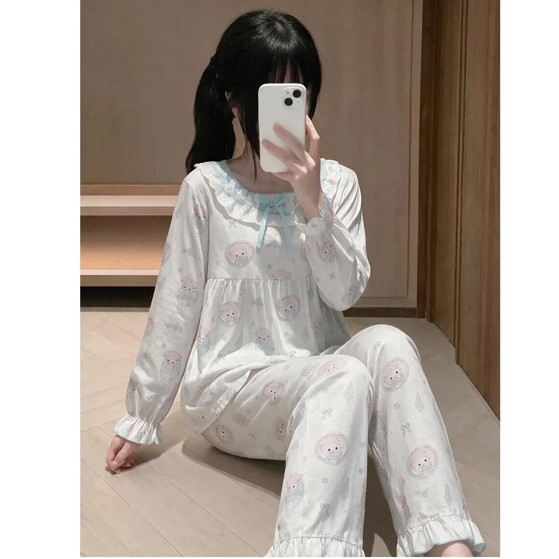 Qiaomengran Soft Girl Cute Doll Collar Sweet Pajama Women Spring Autumn Long Sleeve Thin Ins Long Sleeve · Wholesale · OEM · Worldwide Shipping - View 2