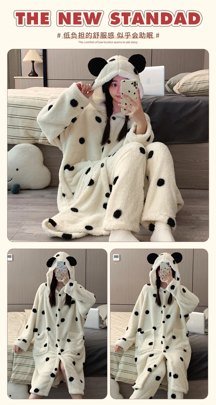 Real photos! Winter new pajamas women coral fleece hooded robe long pants set thickened warm cute homewear · Wholesale · OEM · Worldwide Shipping - Detail 7