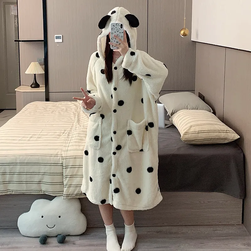 Real photos! Winter new pajamas women coral fleece hooded cardigan robe single robe thickened warm cute homewear · Wholesale · OEM · Worldwide Shipping - View 2
