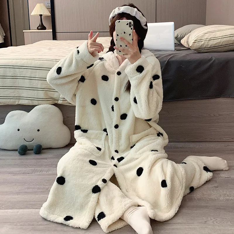 Real photos! Winter new pajamas women coral fleece hooded robe long pants set thickened warm cute homewear · Wholesale · OEM · Worldwide Shipping - View 2