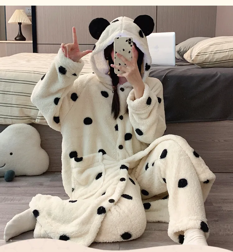 Real photos! Winter new pajamas women coral fleece hooded cardigan robe single robe thickened warm cute homewear · Wholesale · OEM · Worldwide Shipping - Detail 8