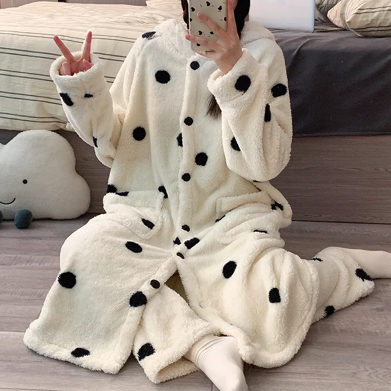 Real photos! Winter new pajamas women coral fleece hooded robe long pants set thickened warm cute homewear · Wholesale · OEM · Worldwide Shipping - View 1