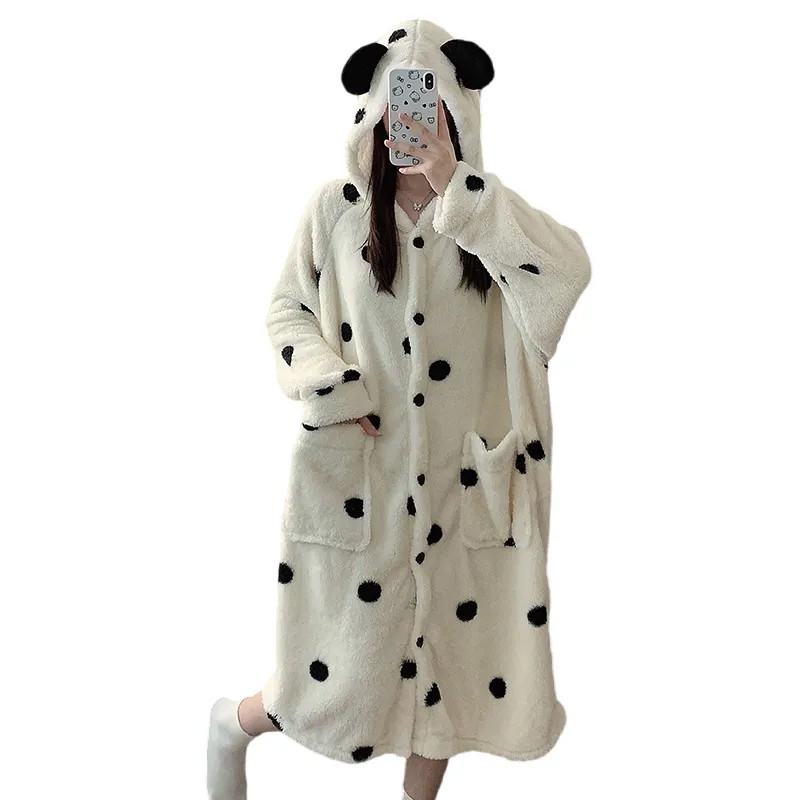 Real photos! Winter new pajamas women coral fleece hooded cardigan robe single robe thickened warm cute homewear · Wholesale · OEM · Worldwide Shipping - View 4