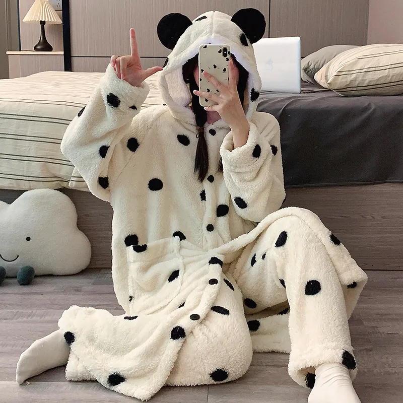 Real photos! Winter new pajamas women coral fleece hooded robe long pants set thickened warm cute homewear · Wholesale · OEM · Worldwide Shipping - View 4