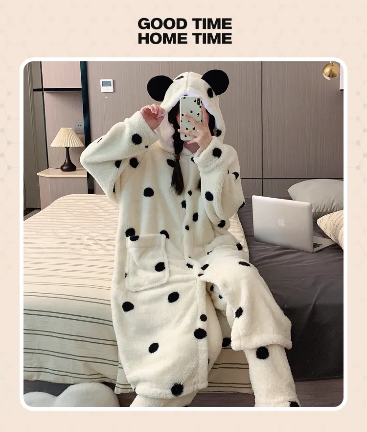 Real photos! Winter new pajamas women coral fleece hooded cardigan robe single robe thickened warm cute homewear · Wholesale · OEM · Worldwide Shipping - Detail 9