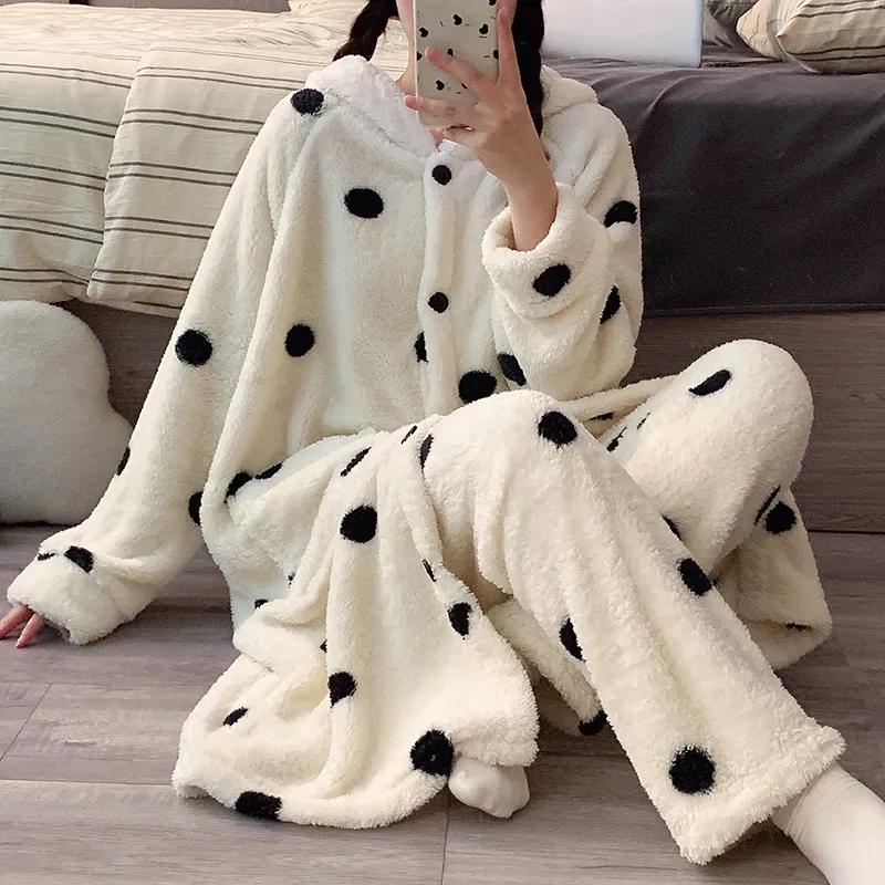 Real photos! Winter new pajamas women coral fleece hooded robe long pants set thickened warm cute homewear · Wholesale · OEM · Worldwide Shipping - View 3