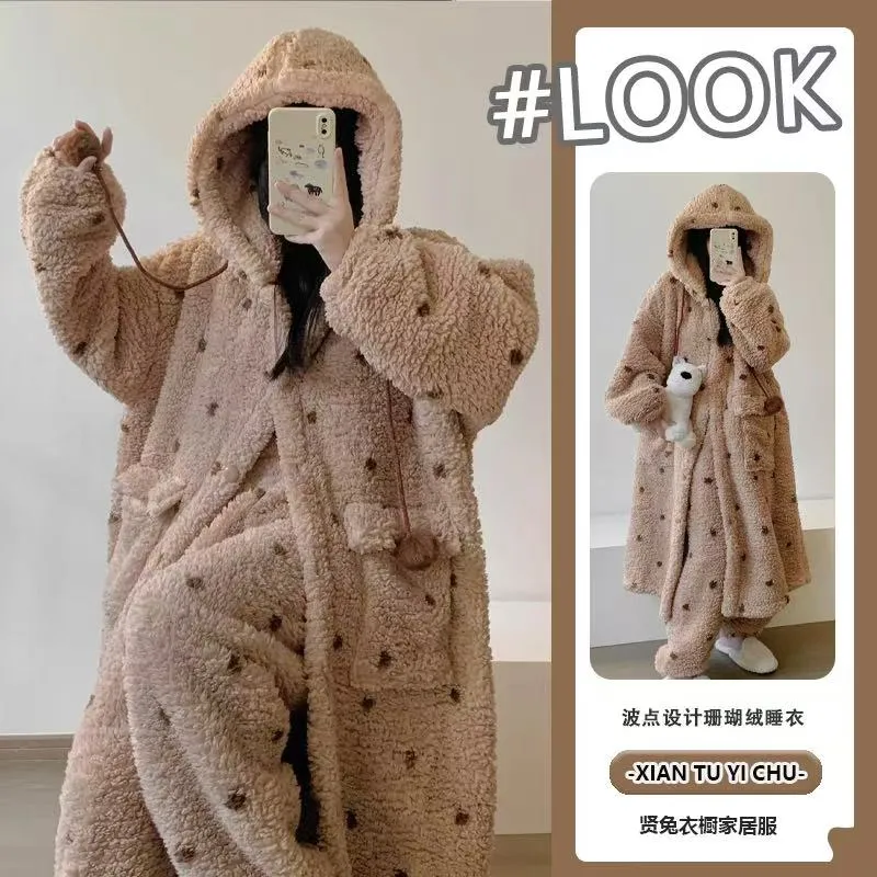 Live Hot Polka Dot Winter Cartoon Robe Warm Cute Winter Coral Fleece Thickened Homewear · Wholesale · OEM · Worldwide Shipping - Detail 1