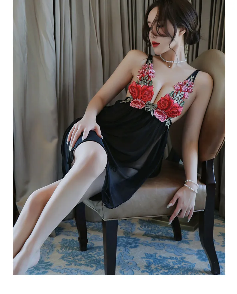 Sexy Women's Sheer Black Lingerie Nightgown, See-Through Fitted Camisole Dress with Embroidered Backless Design, Western Style · Wholesale · OEM · Worldwide Shipping - Detail 22