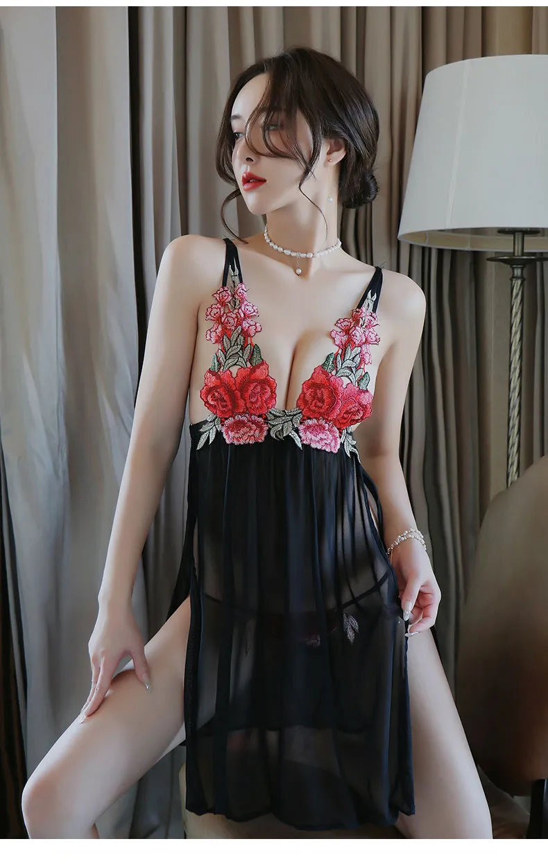 Sexy Women's Sheer Black Lingerie Nightgown, See-Through Fitted Camisole Dress with Embroidered Backless Design, Western Style · Wholesale · OEM · Worldwide Shipping - Detail 16