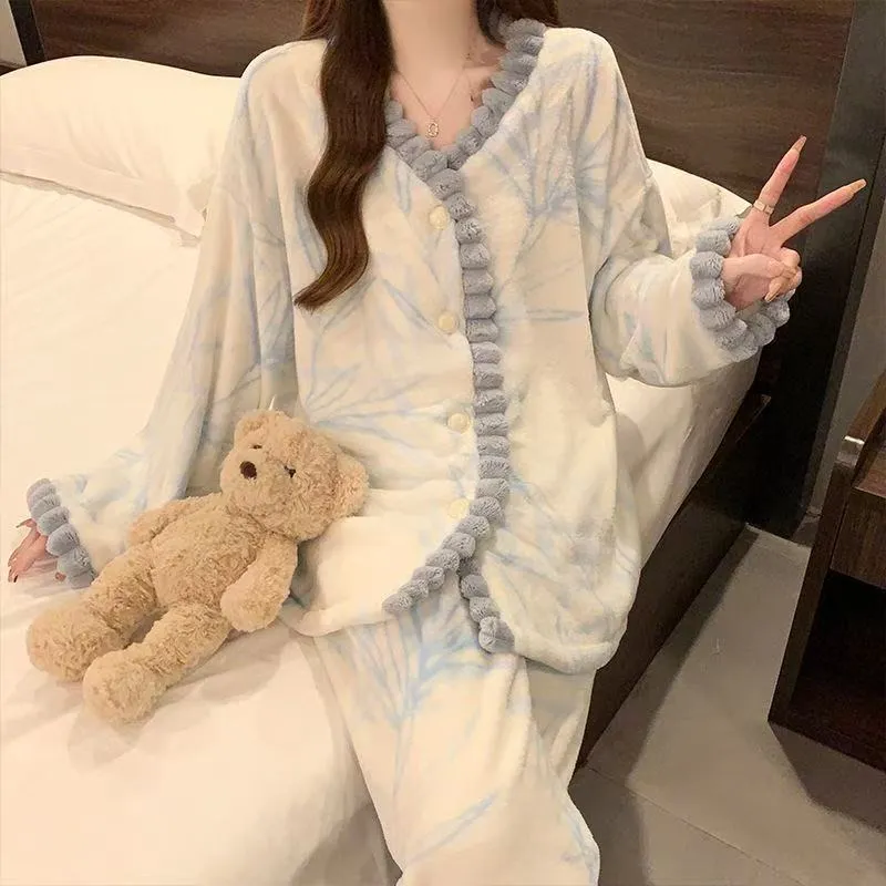 Women's Pajamas Autumn Winter Coral Fleece Thickened Cartoon Student V-Neck Sweet Flannel Loungewear Set Wearable Outside · Wholesale · OEM · Worldwide Shipping - Detail 7