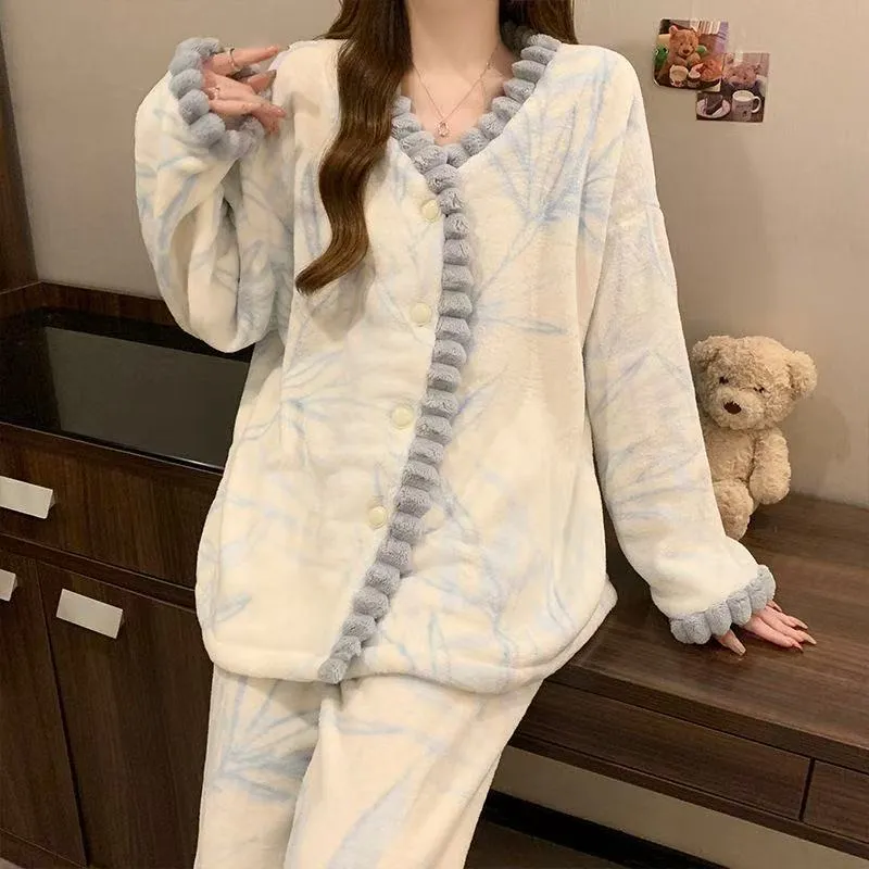 Women's Pajamas Autumn Winter Coral Fleece Thickened Cartoon Student V-Neck Sweet Flannel Loungewear Set Wearable Outside · Wholesale · OEM · Worldwide Shipping - Detail 8
