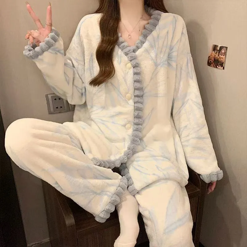 Women's Pajamas Autumn Winter Coral Fleece Thickened Cartoon Student V-Neck Sweet Flannel Loungewear Set Wearable Outside · Wholesale · OEM · Worldwide Shipping - View 4