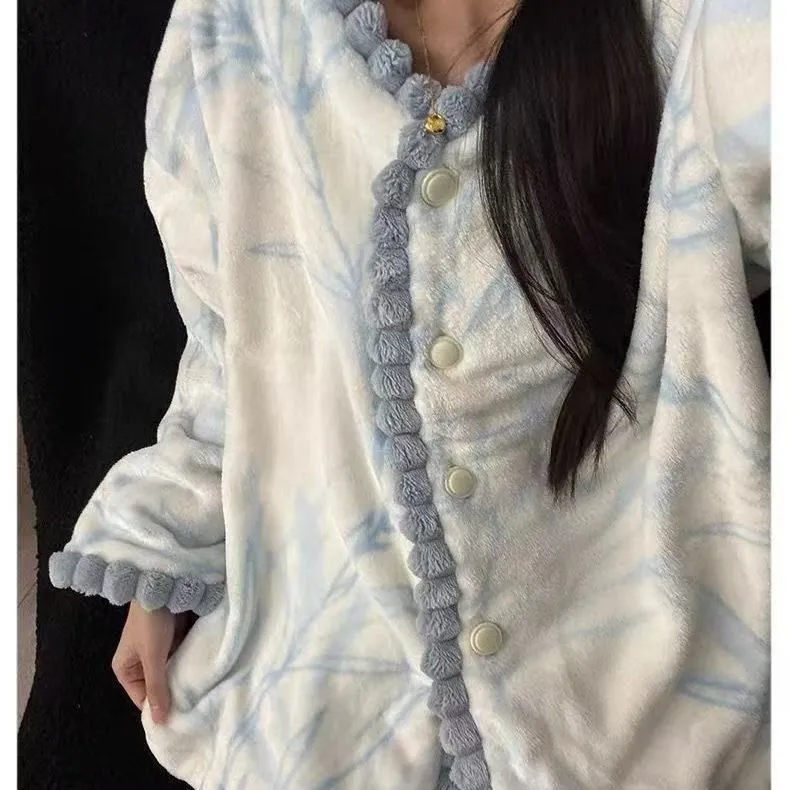 Women's Pajamas Autumn Winter Coral Fleece Thickened Cartoon Student V-Neck Sweet Flannel Loungewear Set Wearable Outside · Wholesale · OEM · Worldwide Shipping - Detail 2
