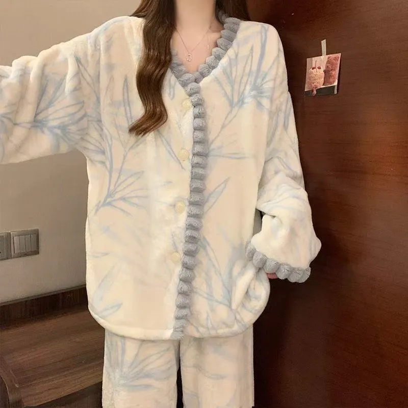 Women's Pajamas Autumn Winter Coral Fleece Thickened Cartoon Student V-Neck Sweet Flannel Loungewear Set Wearable Outside · Wholesale · OEM · Worldwide Shipping - Detail 10