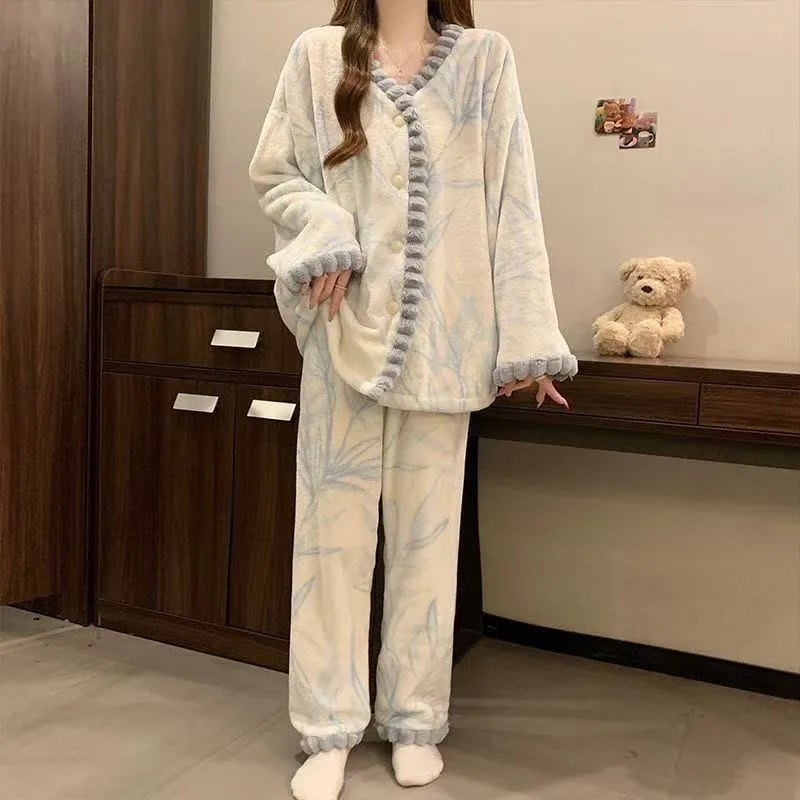 Women's Pajamas Autumn Winter Coral Fleece Thickened Cartoon Student V-Neck Sweet Flannel Loungewear Set Wearable Outside · Wholesale · OEM · Worldwide Shipping - Detail 9