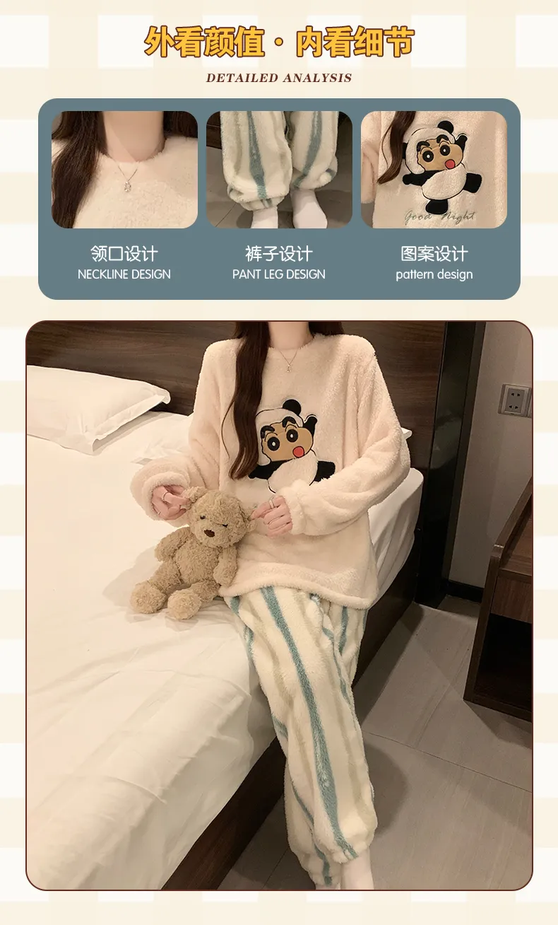 Long Plush Winter Coral Fleece Pajamas Women Round Neck Long Sleeve Casual Cartoon Homewear Set · Wholesale · OEM · Worldwide Shipping - Detail 4