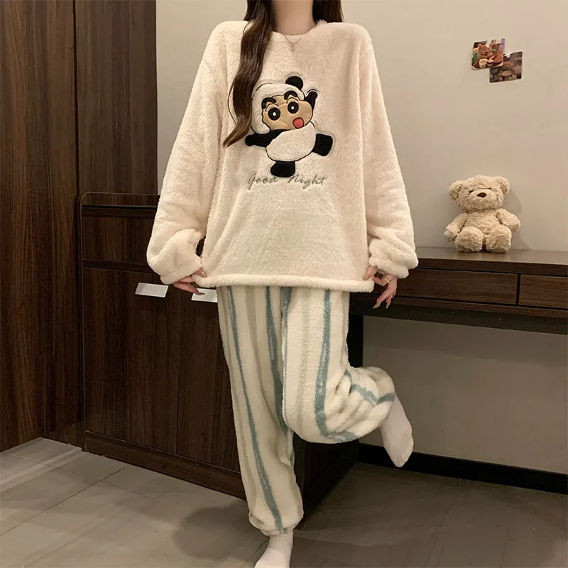 Long Plush Winter Coral Fleece Pajamas Women Round Neck Long Sleeve Casual Cartoon Homewear Set · Wholesale · OEM · Worldwide Shipping - View 4
