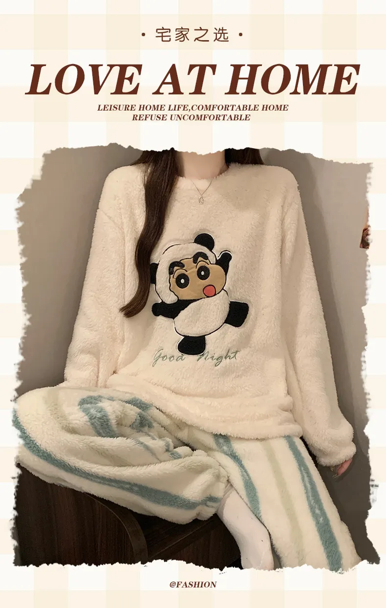 Long Plush Winter Coral Fleece Pajamas Women Round Neck Long Sleeve Casual Cartoon Homewear Set · Wholesale · OEM · Worldwide Shipping - Detail 2