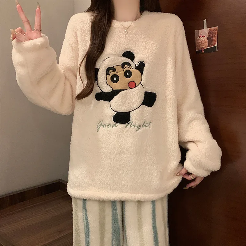 Long Plush Winter Coral Fleece Pajamas Women Round Neck Long Sleeve Casual Cartoon Homewear Set · Wholesale · OEM · Worldwide Shipping - View 2