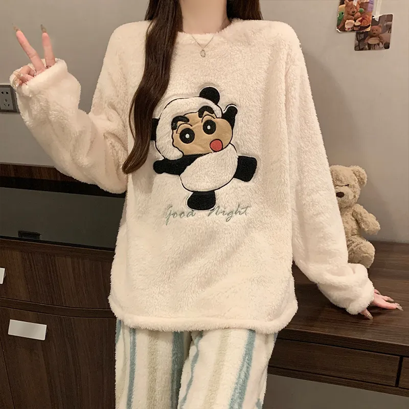 Long Plush Winter Coral Fleece Pajamas Women Round Neck Long Sleeve Casual Cartoon Homewear Set · Wholesale · OEM · Worldwide Shipping - View 1