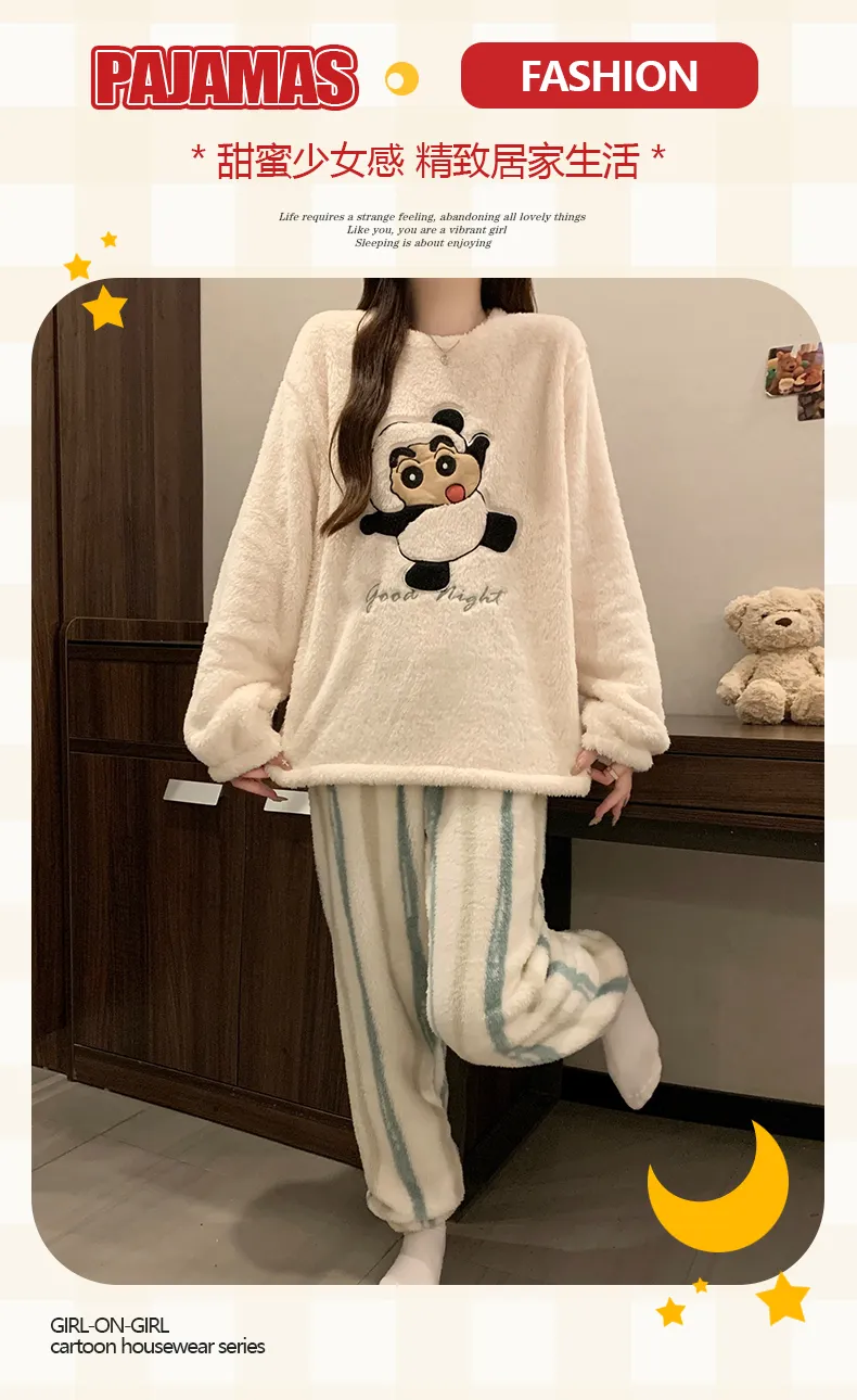 Long Plush Winter Coral Fleece Pajamas Women Round Neck Long Sleeve Casual Cartoon Homewear Set · Wholesale · OEM · Worldwide Shipping - Detail 6
