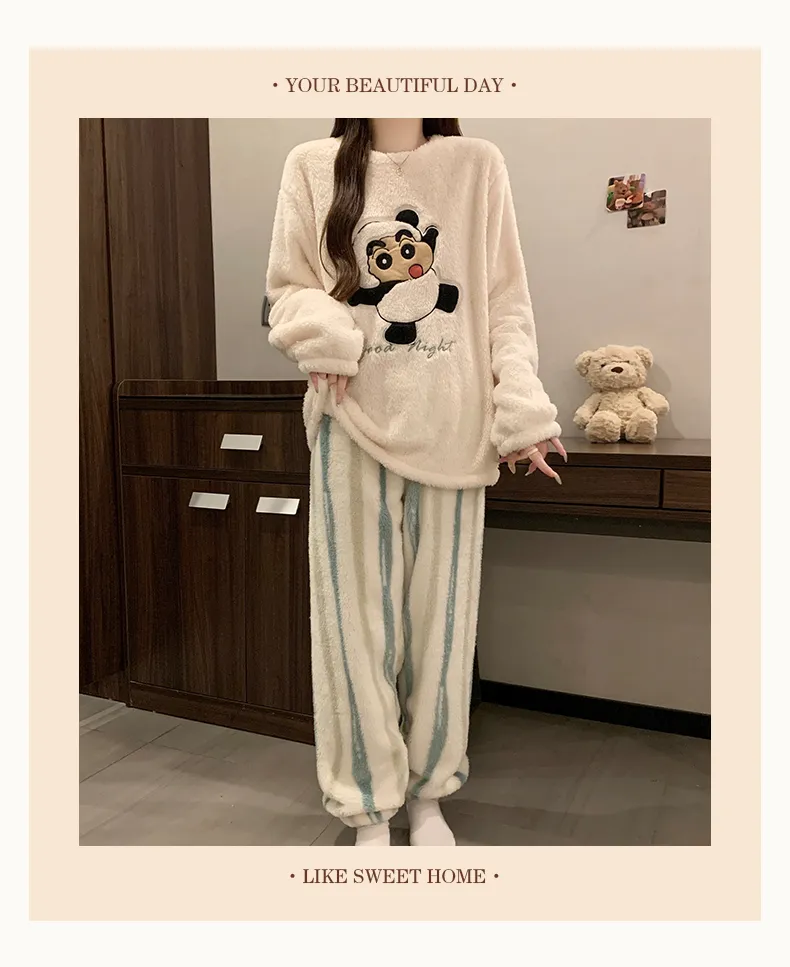 Long Plush Winter Coral Fleece Pajamas Women Round Neck Long Sleeve Casual Cartoon Homewear Set · Wholesale · OEM · Worldwide Shipping - Detail 10