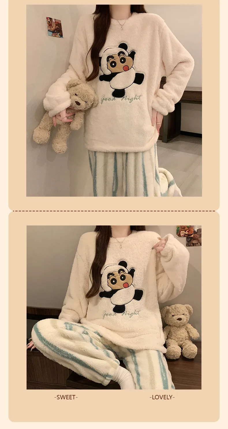 Long Plush Winter Coral Fleece Pajamas Women Round Neck Long Sleeve Casual Cartoon Homewear Set · Wholesale · OEM · Worldwide Shipping - Detail 8