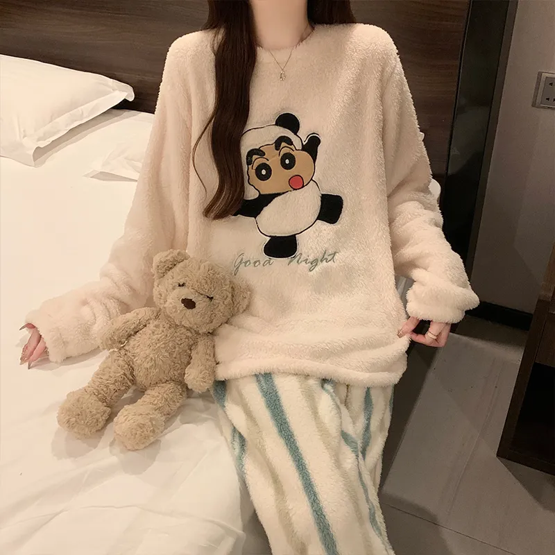 Long Plush Winter Coral Fleece Pajamas Women Round Neck Long Sleeve Casual Cartoon Homewear Set · Wholesale · OEM · Worldwide Shipping - View 3