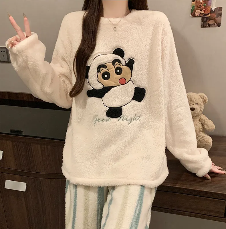 Long Plush Winter Coral Fleece Pajamas Women Round Neck Long Sleeve Casual Cartoon Homewear Set · Wholesale · OEM · Worldwide Shipping - Detail 9