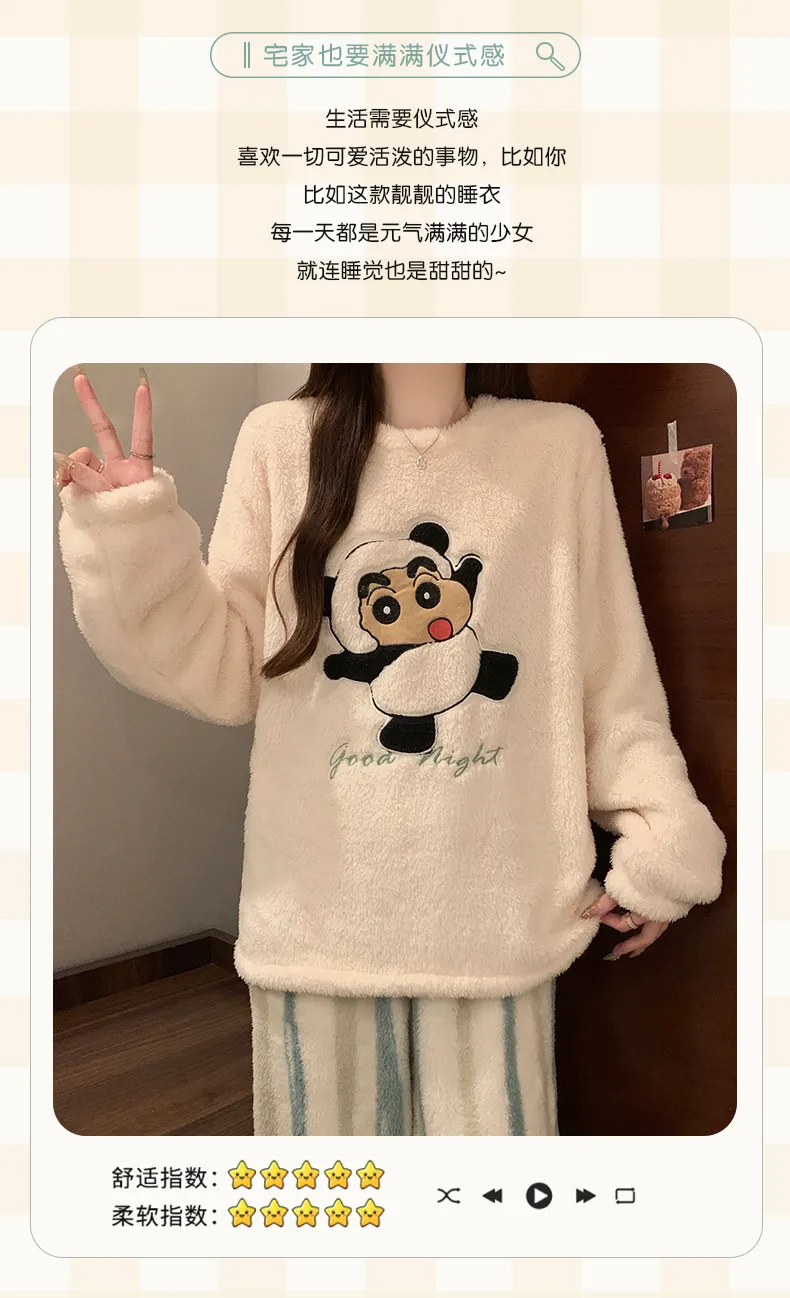 Long Plush Winter Coral Fleece Pajamas Women Round Neck Long Sleeve Casual Cartoon Homewear Set · Wholesale · OEM · Worldwide Shipping - Detail 3