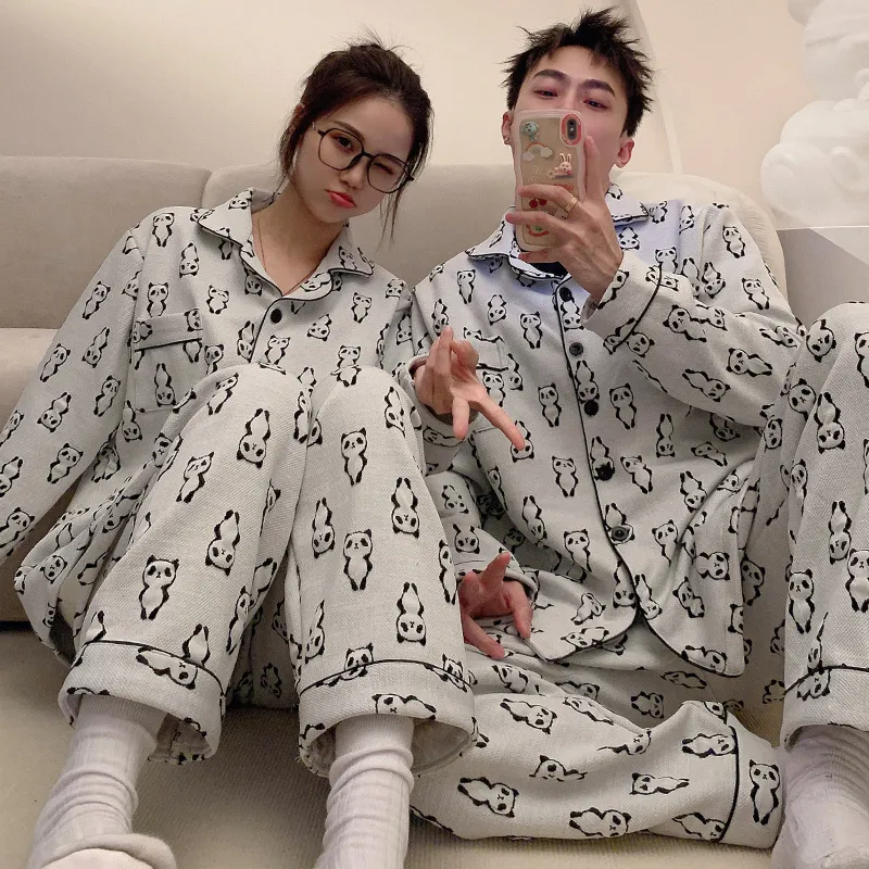 Autumn Winter Couple Pajamas Cool Silk Cotton Quilted Printed Wearable Outside Cartoon Panda Cardigan Men Women Homewear Set · Wholesale · OEM · Worldwide Shipping - View 2