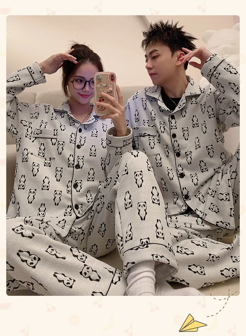 Autumn Winter Couple Pajamas Cool Silk Cotton Quilted Printed Wearable Outside Cartoon Panda Cardigan Men Women Homewear Set · Wholesale · OEM · Worldwide Shipping - Detail 12