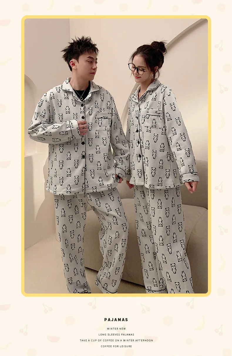 Autumn Winter Couple Pajamas Cool Silk Cotton Quilted Printed Wearable Outside Cartoon Panda Cardigan Men Women Homewear Set · Wholesale · OEM · Worldwide Shipping - Detail 7