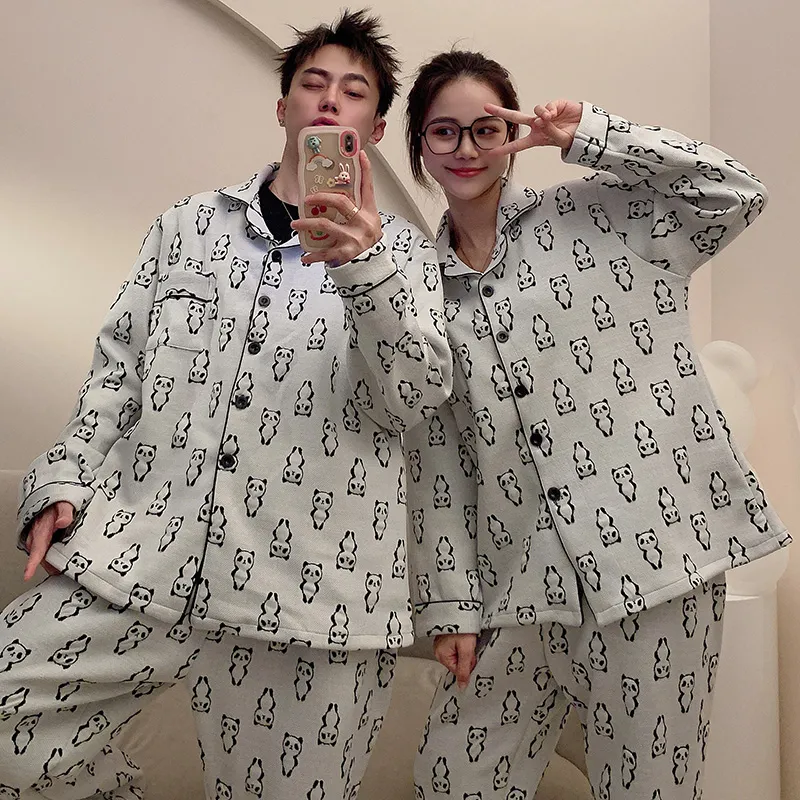 Autumn Winter Couple Pajamas Cool Silk Cotton Quilted Printed Wearable Outside Cartoon Panda Cardigan Men Women Homewear Set · Wholesale · OEM · Worldwide Shipping - View 1