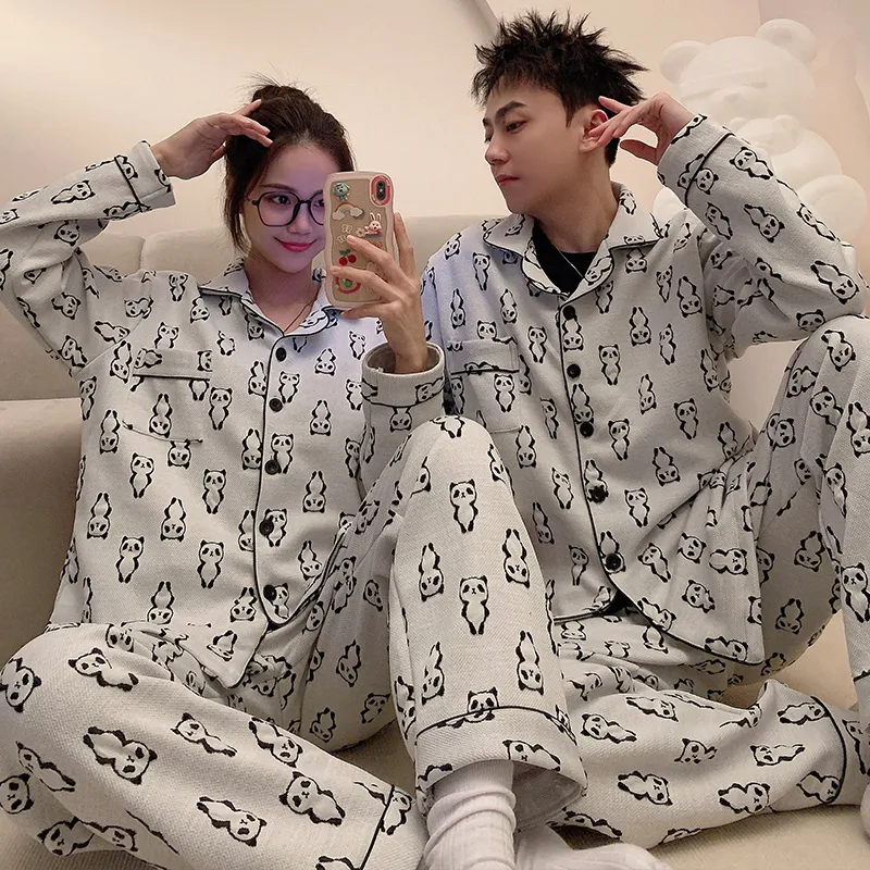 Autumn Winter Couple Pajamas Cool Silk Cotton Quilted Printed Wearable Outside Cartoon Panda Cardigan Men Women Homewear Set · Wholesale · OEM · Worldwide Shipping - View 3