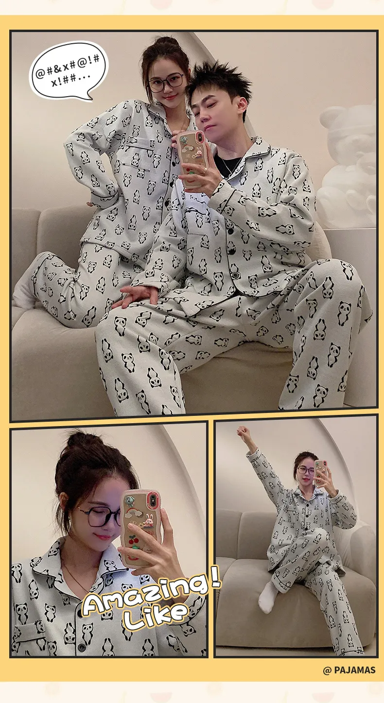 Autumn Winter Couple Pajamas Cool Silk Cotton Quilted Printed Wearable Outside Cartoon Panda Cardigan Men Women Homewear Set · Wholesale · OEM · Worldwide Shipping - Detail 8