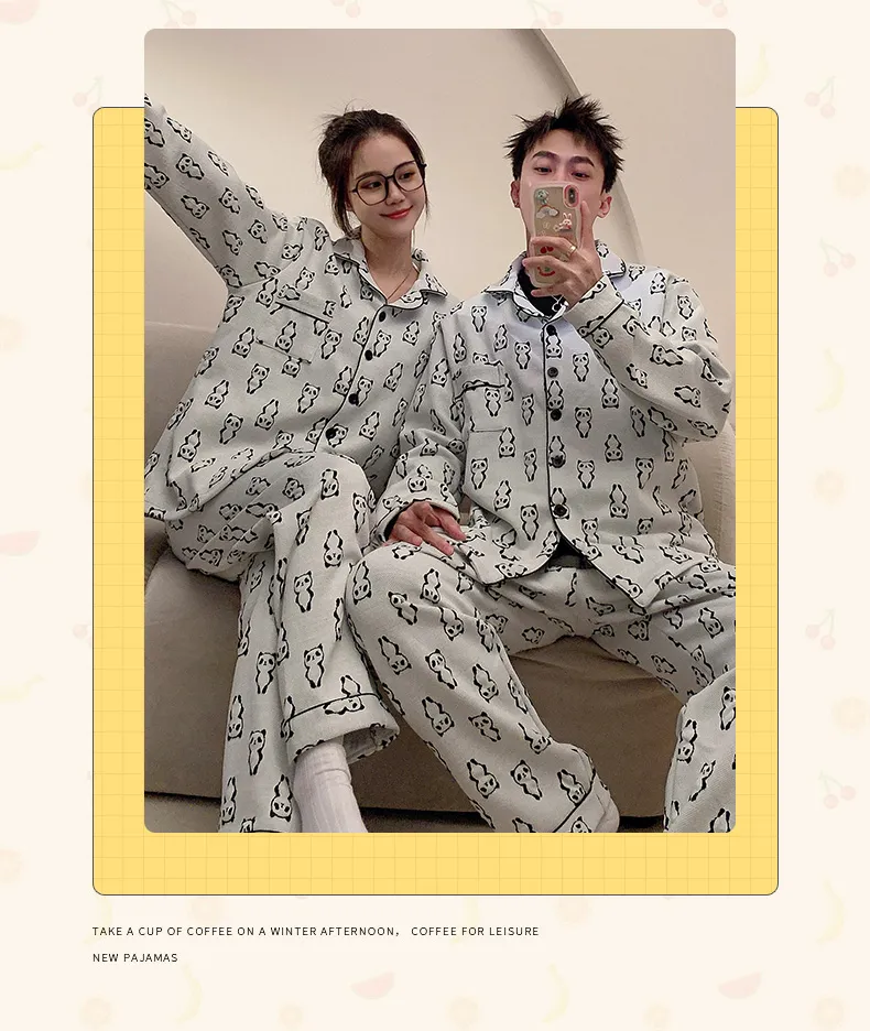 Autumn Winter Couple Pajamas Cool Silk Cotton Quilted Printed Wearable Outside Cartoon Panda Cardigan Men Women Homewear Set · Wholesale · OEM · Worldwide Shipping - Detail 11