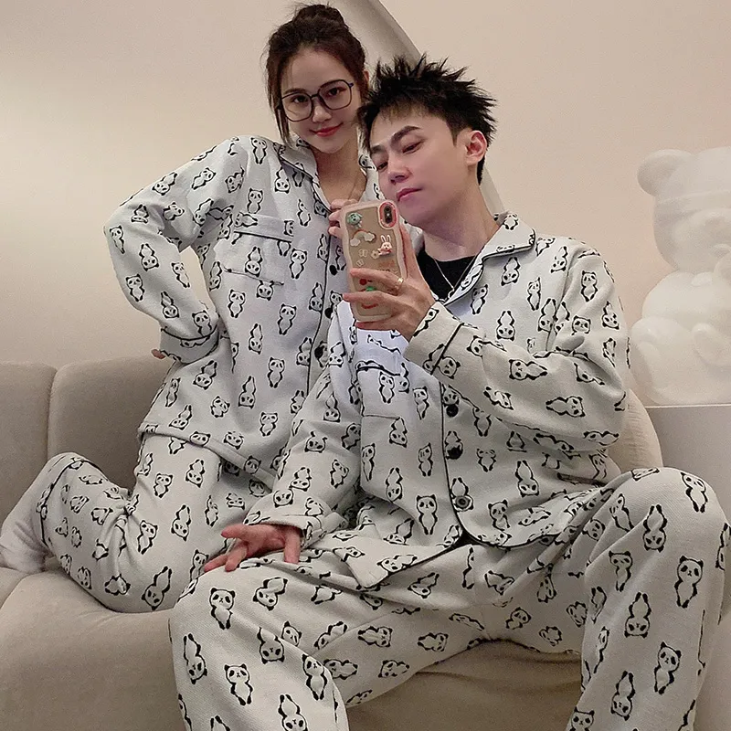Autumn Winter Couple Pajamas Cool Silk Cotton Quilted Printed Wearable Outside Cartoon Panda Cardigan Men Women Homewear Set · Wholesale · OEM · Worldwide Shipping - View 4