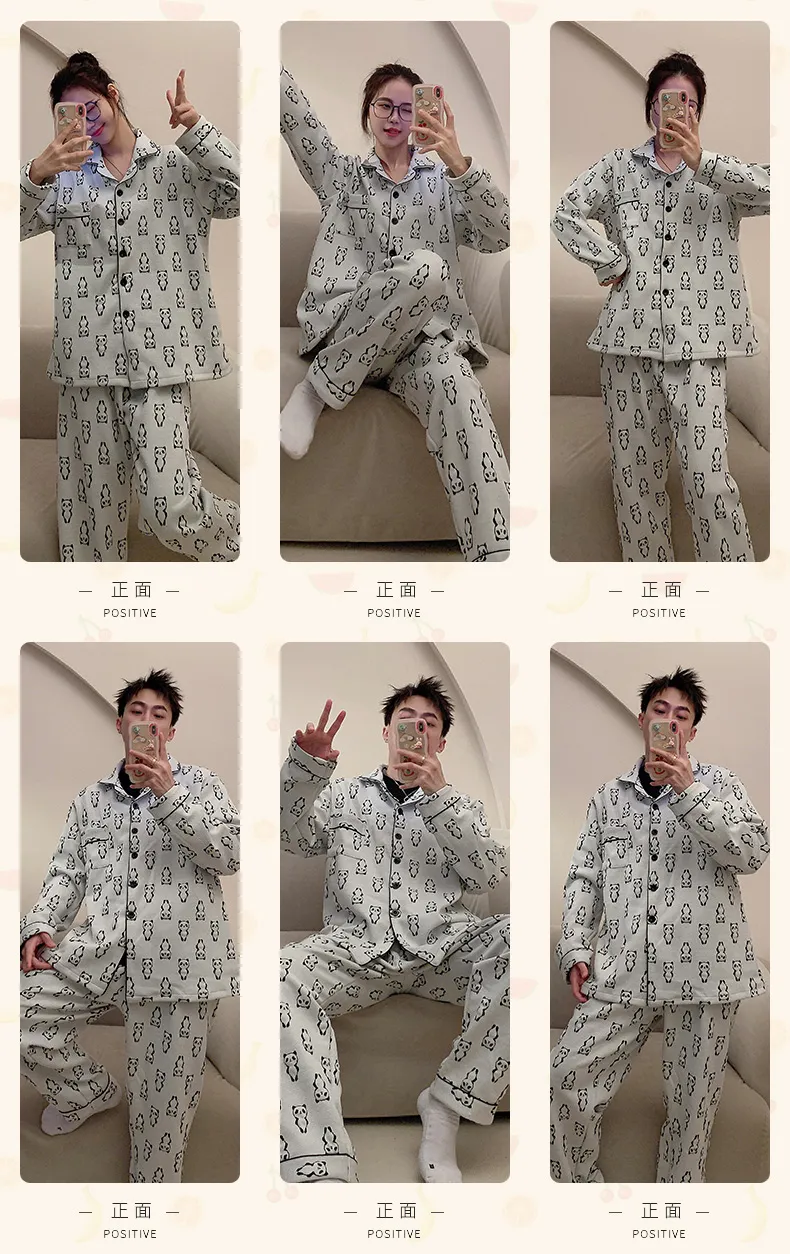 Autumn Winter Couple Pajamas Cool Silk Cotton Quilted Printed Wearable Outside Cartoon Panda Cardigan Men Women Homewear Set · Wholesale · OEM · Worldwide Shipping - Detail 13