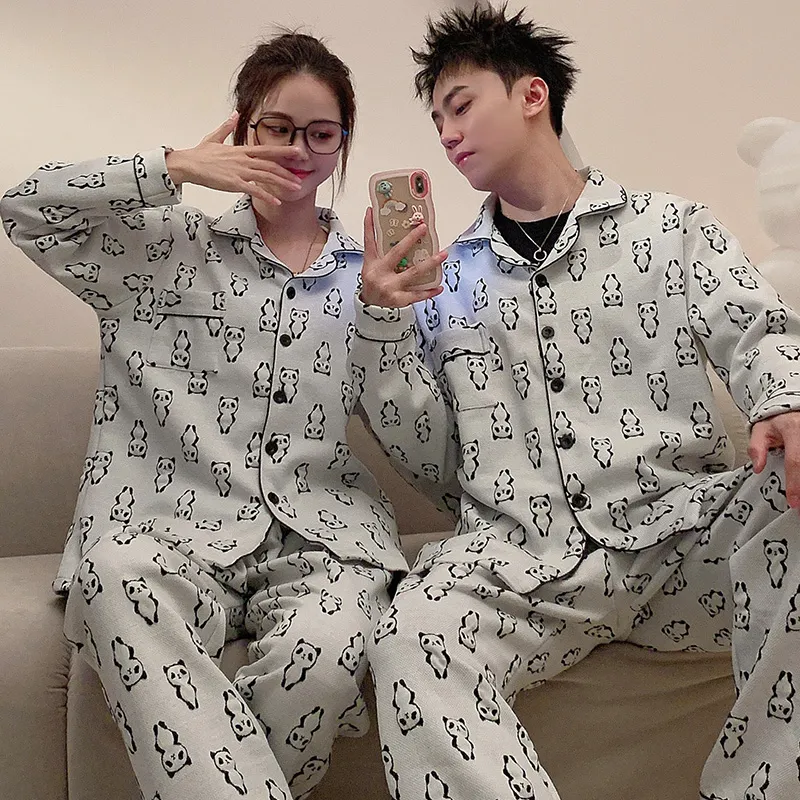 Autumn Winter Couple Pajamas Cool Silk Cotton Quilted Printed Wearable Outside Cartoon Panda Cardigan Men Women Homewear Set · Wholesale · OEM · Worldwide Shipping