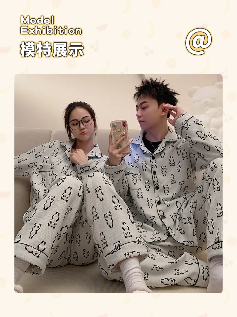 Autumn Winter Couple Pajamas Cool Silk Cotton Quilted Printed Wearable Outside Cartoon Panda Cardigan Men Women Homewear Set · Wholesale · OEM · Worldwide Shipping - Detail 6
