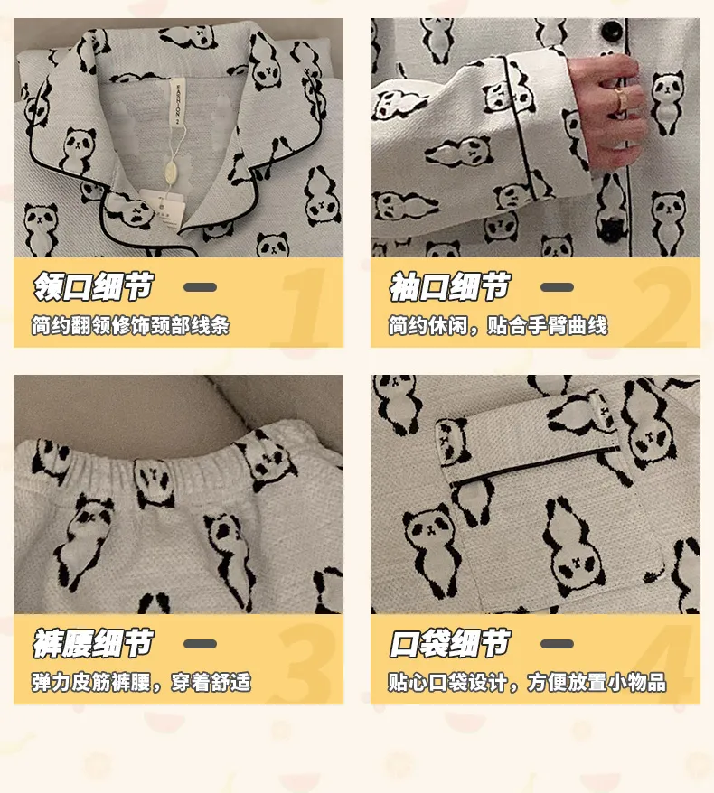 Autumn Winter Couple Pajamas Cool Silk Cotton Quilted Printed Wearable Outside Cartoon Panda Cardigan Men Women Homewear Set · Wholesale · OEM · Worldwide Shipping - Detail 4