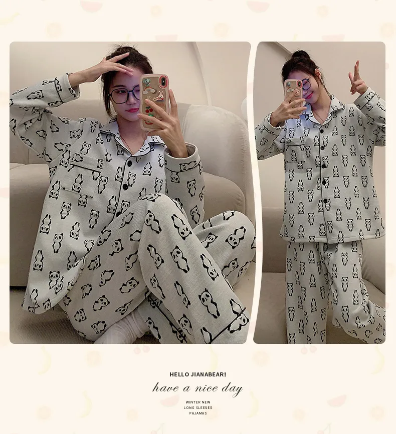 Autumn Winter Couple Pajamas Cool Silk Cotton Quilted Printed Wearable Outside Cartoon Panda Cardigan Men Women Homewear Set · Wholesale · OEM · Worldwide Shipping - Detail 10