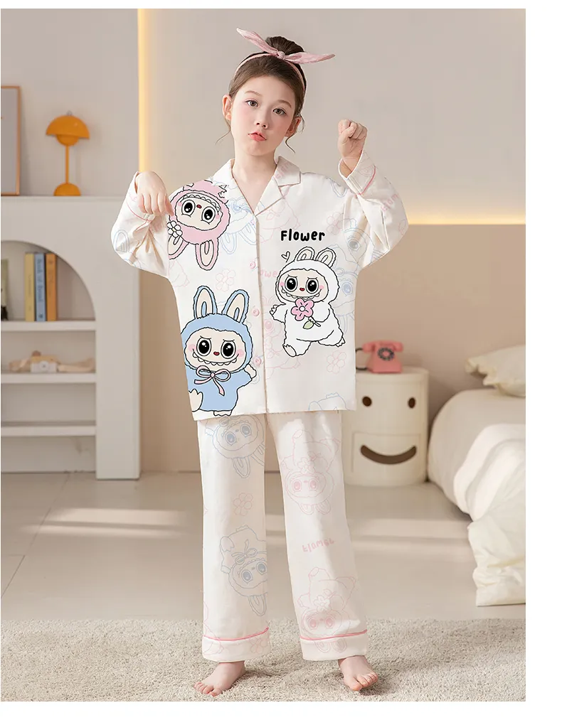Girls' Pajamas Pure Cotton New Long Sleeve Long Pants Cartoon Cute Lapel Cardigan Wearable Outside Loungewear Set · Wholesale · OEM · Worldwide Shipping - Detail 10
