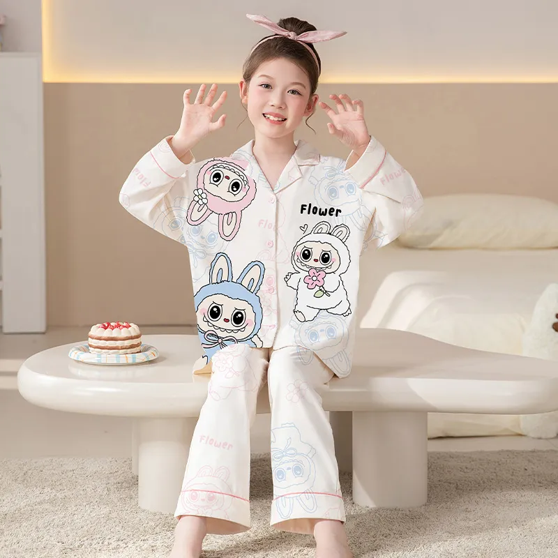 Girls' Pajamas Pure Cotton New Long Sleeve Long Pants Cartoon Cute Lapel Cardigan Wearable Outside Loungewear Set · Wholesale · OEM · Worldwide Shipping - View 1