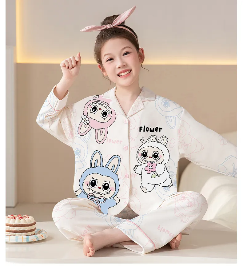Girls' Pajamas Pure Cotton New Long Sleeve Long Pants Cartoon Cute Lapel Cardigan Wearable Outside Loungewear Set · Wholesale · OEM · Worldwide Shipping - Detail 14