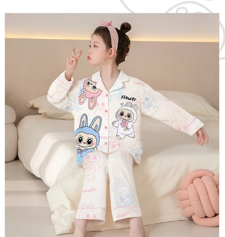 Girls' Pajamas Pure Cotton New Long Sleeve Long Pants Cartoon Cute Lapel Cardigan Wearable Outside Loungewear Set · Wholesale · OEM · Worldwide Shipping - Detail 13