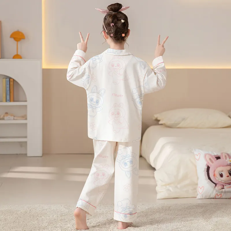 Girls' Pajamas Pure Cotton New Long Sleeve Long Pants Cartoon Cute Lapel Cardigan Wearable Outside Loungewear Set · Wholesale · OEM · Worldwide Shipping - View 3