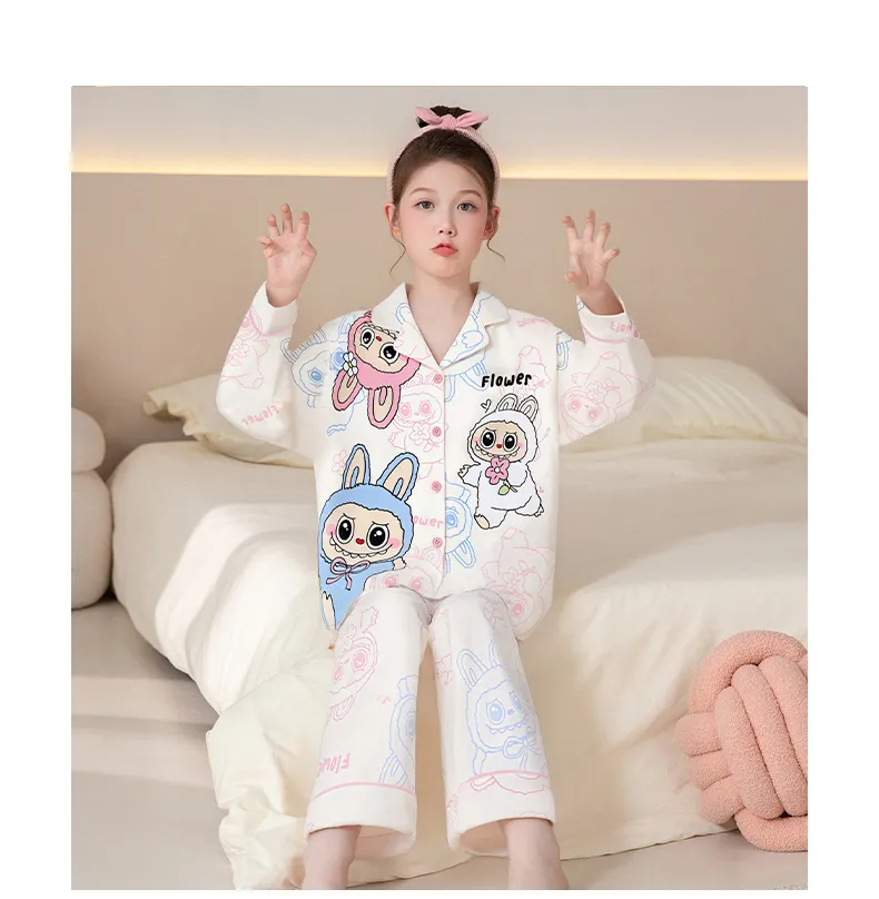 Girls' Pajamas Pure Cotton New Long Sleeve Long Pants Cartoon Cute Lapel Cardigan Wearable Outside Loungewear Set · Wholesale · OEM · Worldwide Shipping - Detail 11
