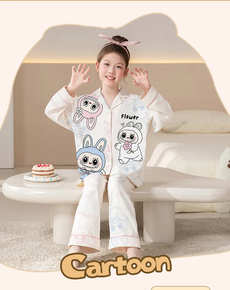 Girls' Pajamas Pure Cotton New Long Sleeve Long Pants Cartoon Cute Lapel Cardigan Wearable Outside Loungewear Set · Wholesale · OEM · Worldwide Shipping - Detail 3